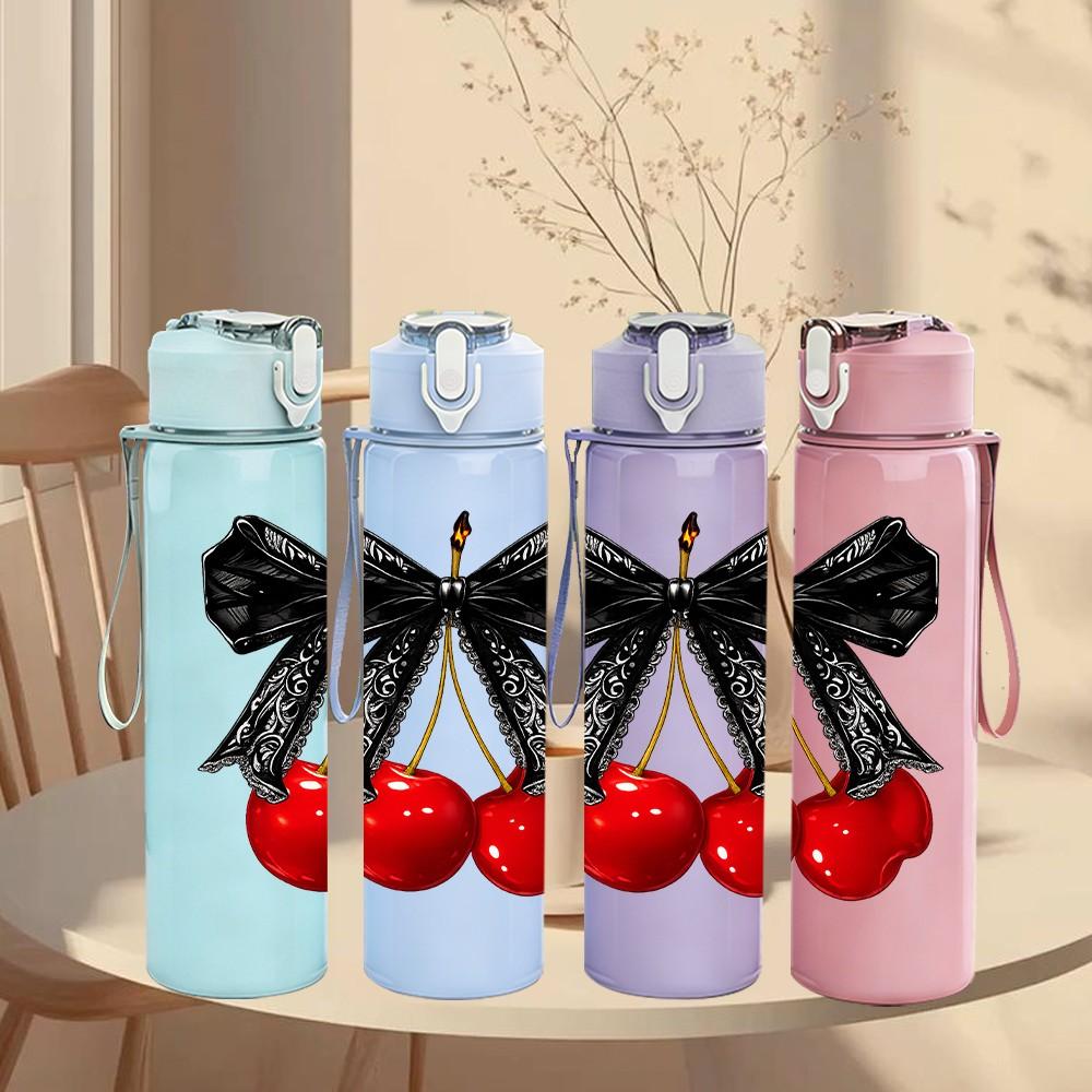 1PC Black Bow Fresh Red Cherry Fruit Print 750ml Color Plastic Sports Water Bottle Leakproof Flip Straw Lid Suitable for Sports Office Home Use
