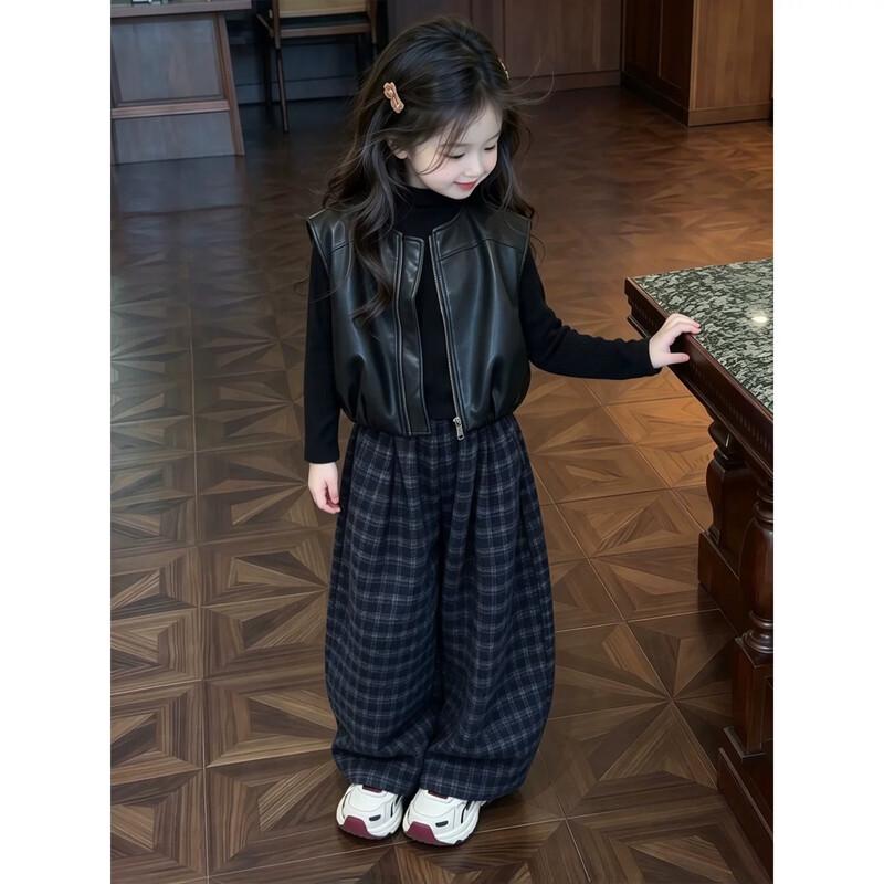 Girls' Stylish Faux Leather Jacket and Plaid Pants Set