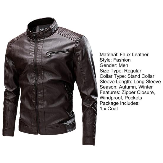 Solid Color Stand Collar Long Sleeves Pockets Zipper Placket Men Jacket Autumn Winter Fleece Lining Faux Leather Motorcycle Windbreaker