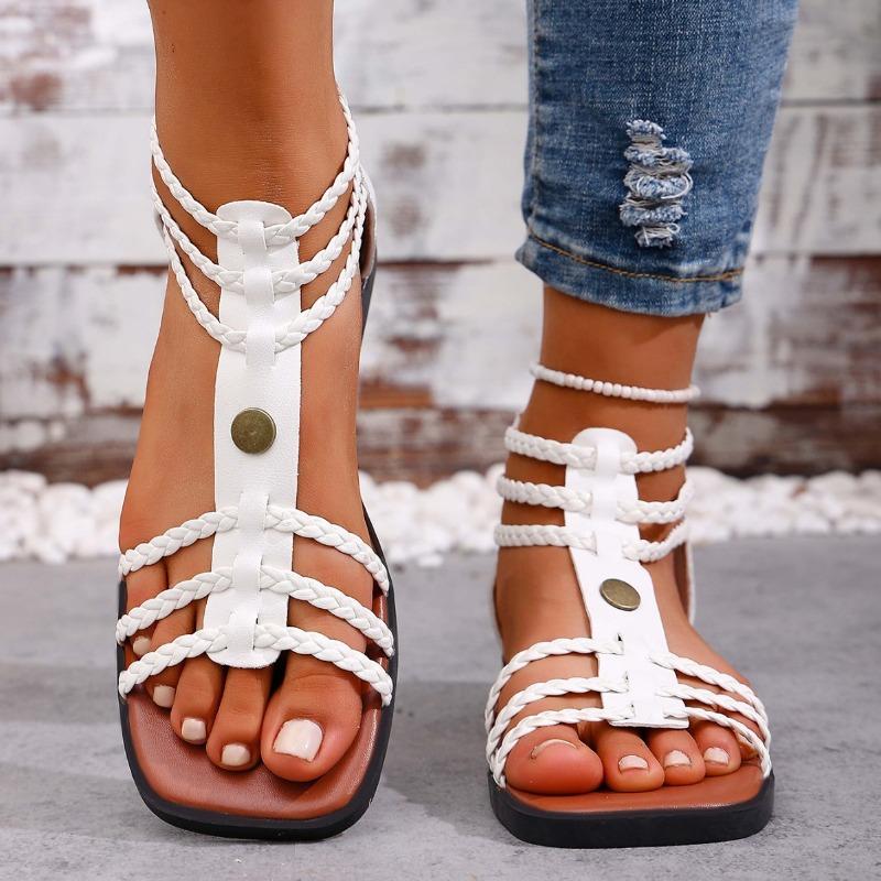 Sandalias Planas de Verano para Mujer con Múltiples Tiras, Modernas Versátiles Estilo Europeo, Disponibles en Tallas Grandes.