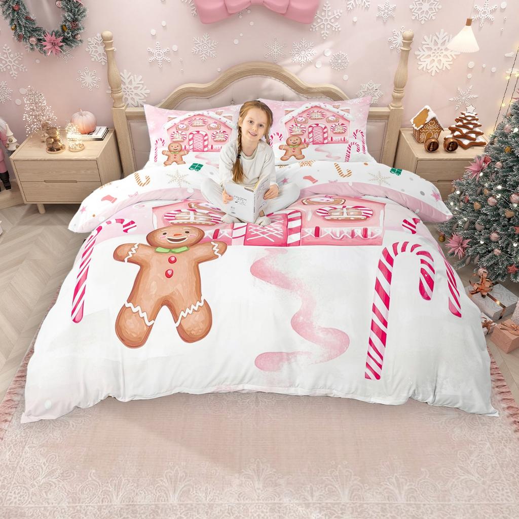 Homewish Kawaii Lebkuchen Bettbezug-Set für Mädchen Jungen, Weihnachtsbaum Weihnachtsmann Bettdeckenbezug-Set, Schneeflocken Bettwäsche-Set