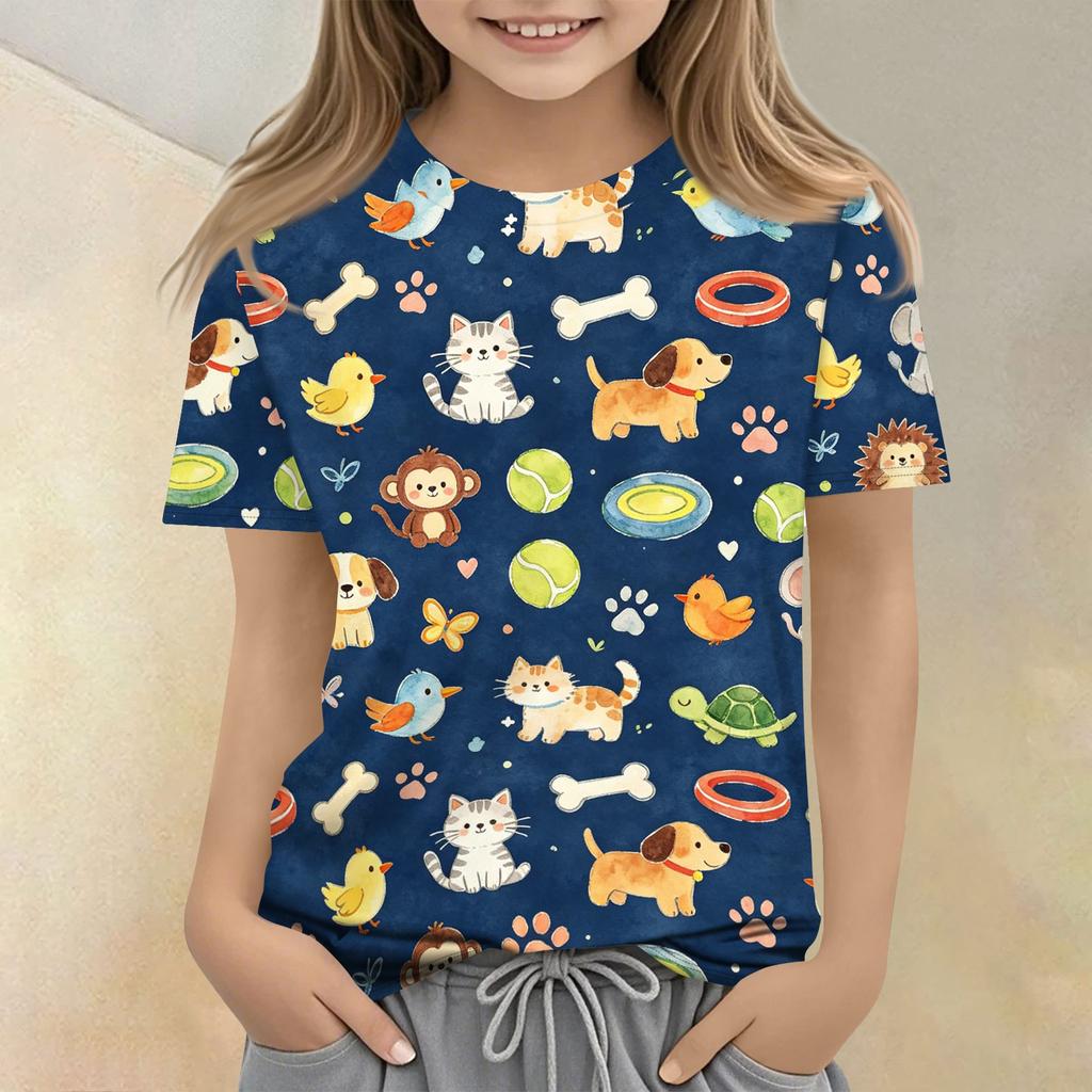 Kids Animal Print Crew Neck Short Sleeve Casual Loose Fit T Shirt Top Soft Comfortable Fabric Suitable for Everyday Wear