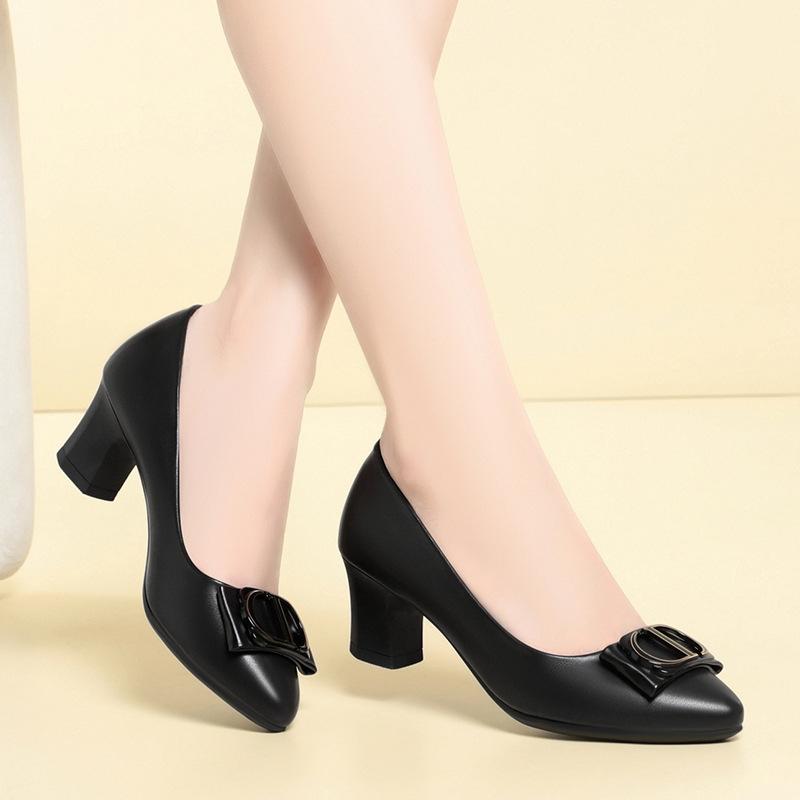Black High Heels For Women In Spring And Summer New Style Light Mouth Catwalk Single ShoesWaterproof Platform Leather Shoes