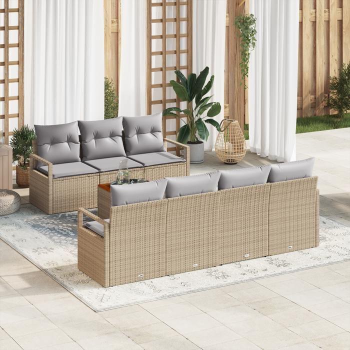 Ensemble de 8 Canapés de Jardin avec Coussins en Rotin Poly Beige Acacia, Sofa de Jardin 2 places avec Coussins en Rotin 3347665