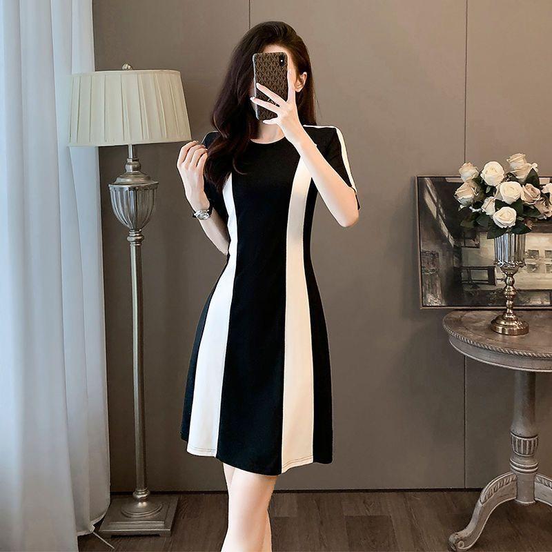 Women's Crew Neck Short Sleeve Midi A Line Dress Slim Fit High Waist Elegant Color Block Striped Casual Summer Dress