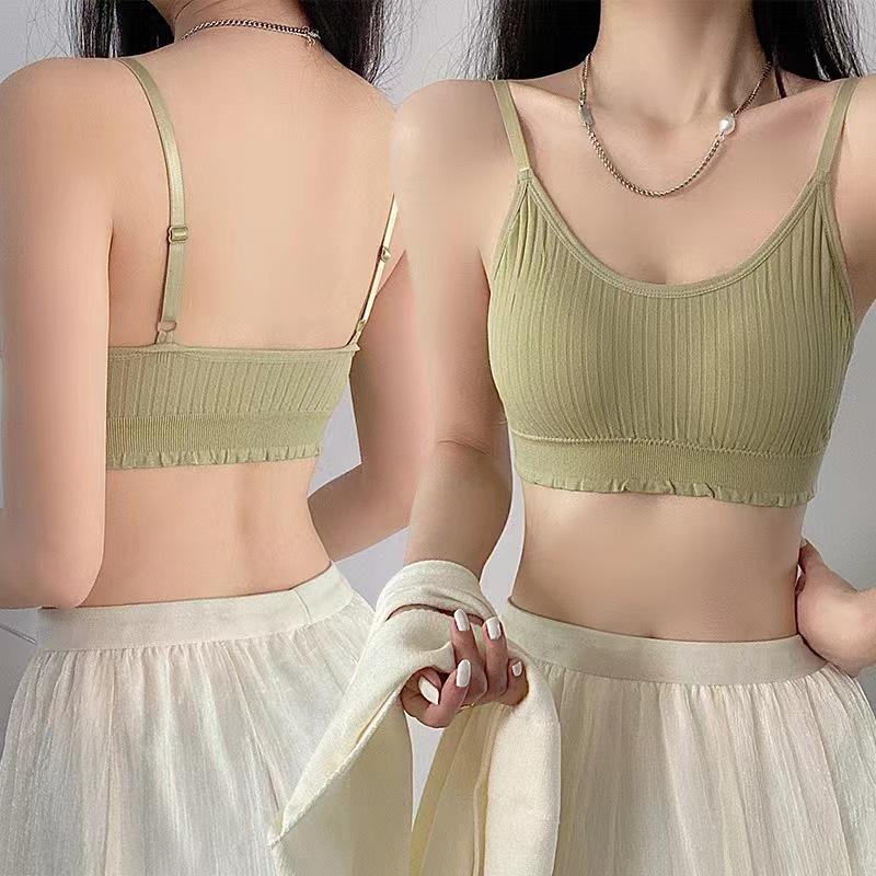 Light Blue Ribbed Wireless Bra with Adjustable Thin Straps and Scalloped Hem onesize зелёный