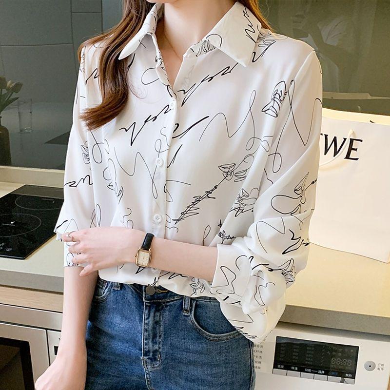 Women's 2025 Retro Hong Kong Style Graffiti Chiffon Blouse - Versatile Spring/Autumn Top