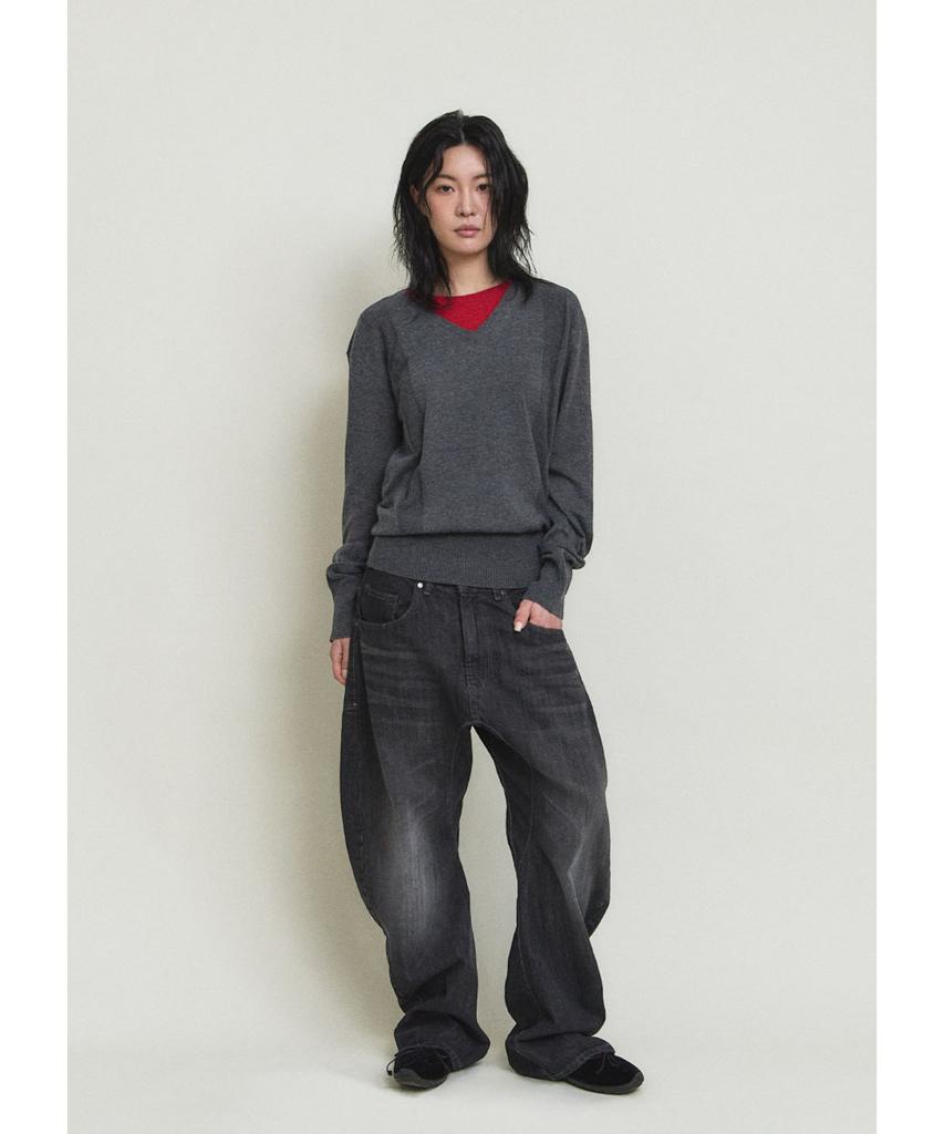 PARADIGMFILM [Ep.01] Reverse V-Neck Layered Knit (Charcoal Red)