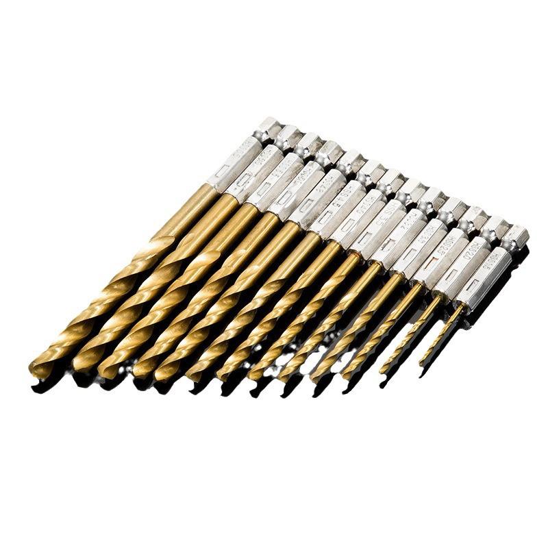 13-teiliges HSS-Bohrer-Set mit Sechskant- und Zylinderschaft, titanbeschichtet, für Holz- und Metallbohrungen