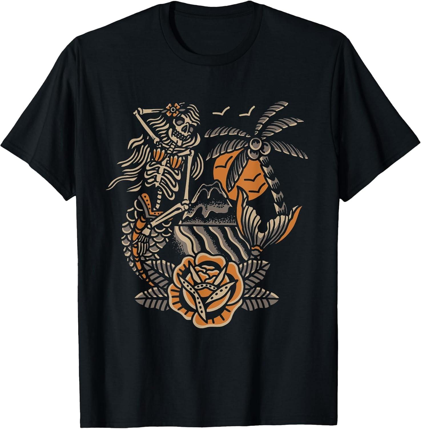 Mermaid Skeleton: Traditional Tattoo School Flash Funny Cotton Tee - MADE IN USA S разноцветный
