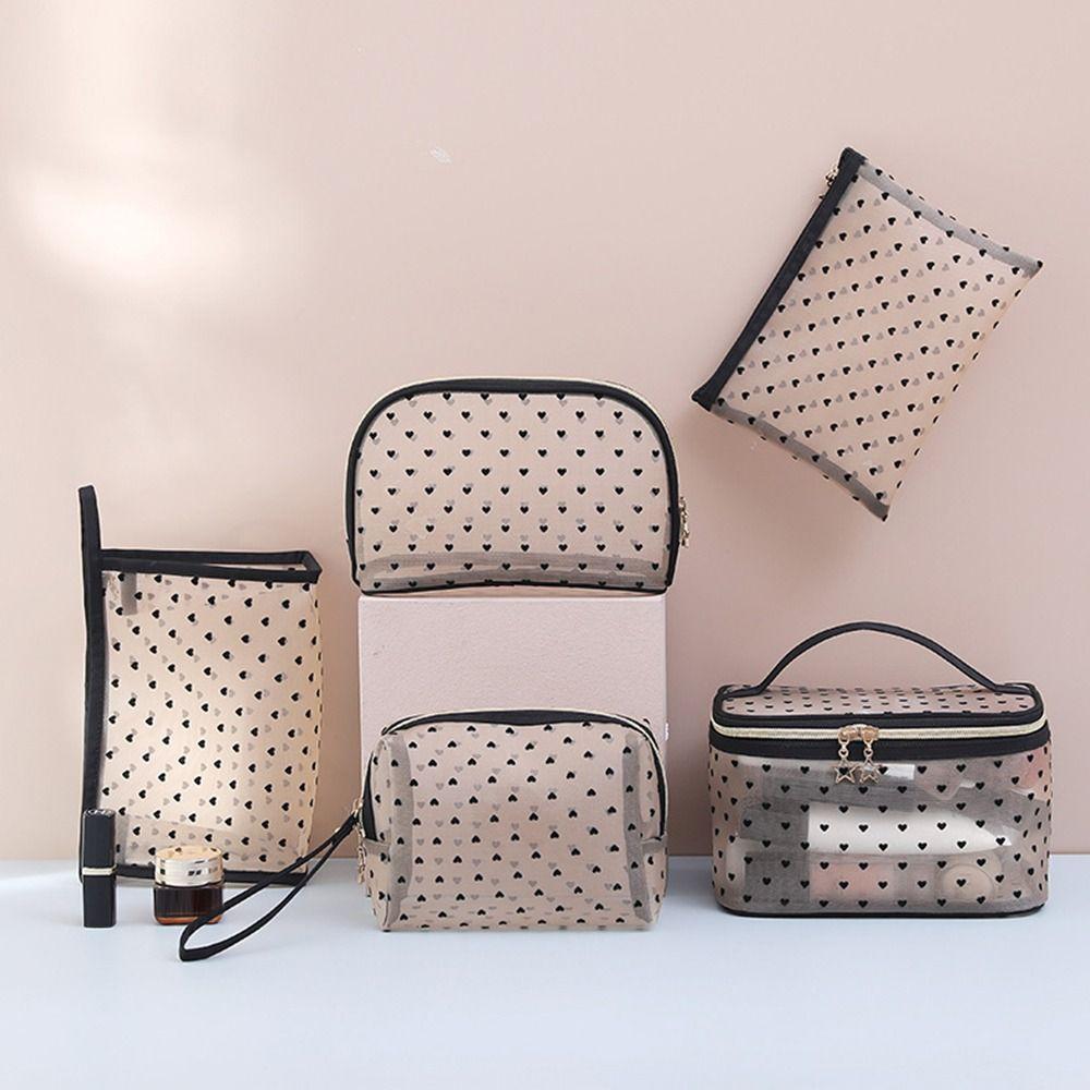 

Zipper Heart Printed Transparent Cosmetic Bag Toiletry Bag Mesh Makeup Bags Pencil Case Pouch