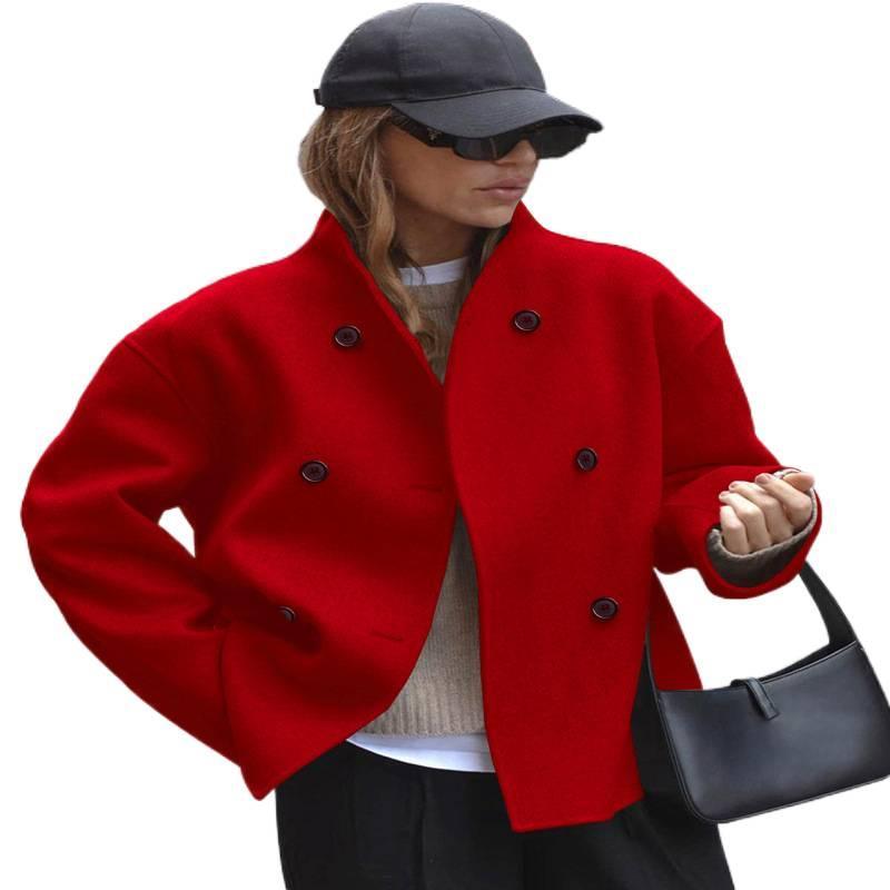 Women's Double-Breasted Solid Color Wool Coat Casual Elegant British Style Versatile Top for Women