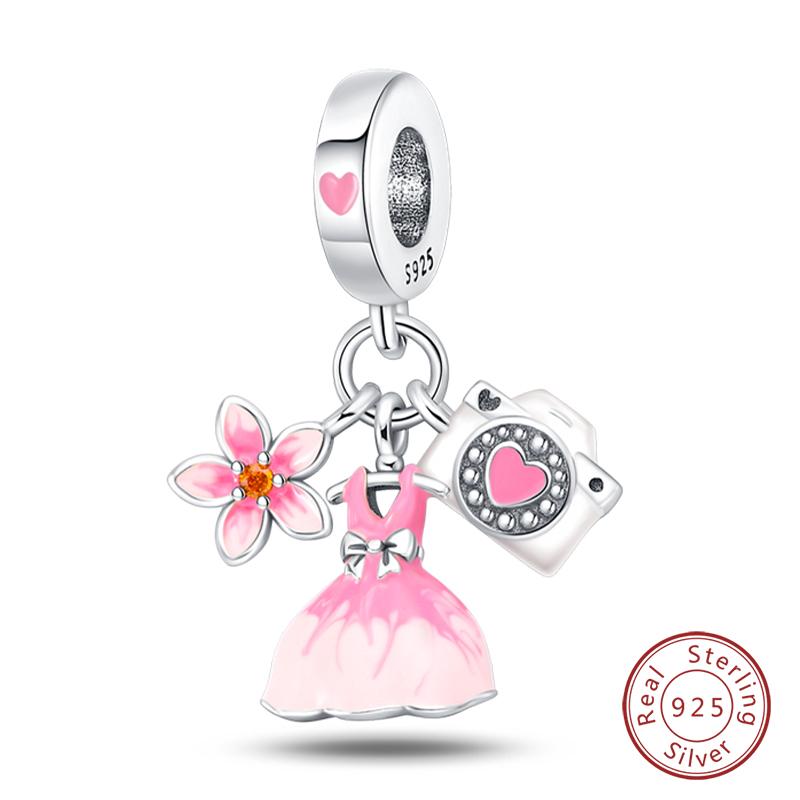 Fit 925 Silver Charms Beads Little Bear Lamb Little Flying Pig Pink Charms For Women DIY Birthday Jewelry Gift