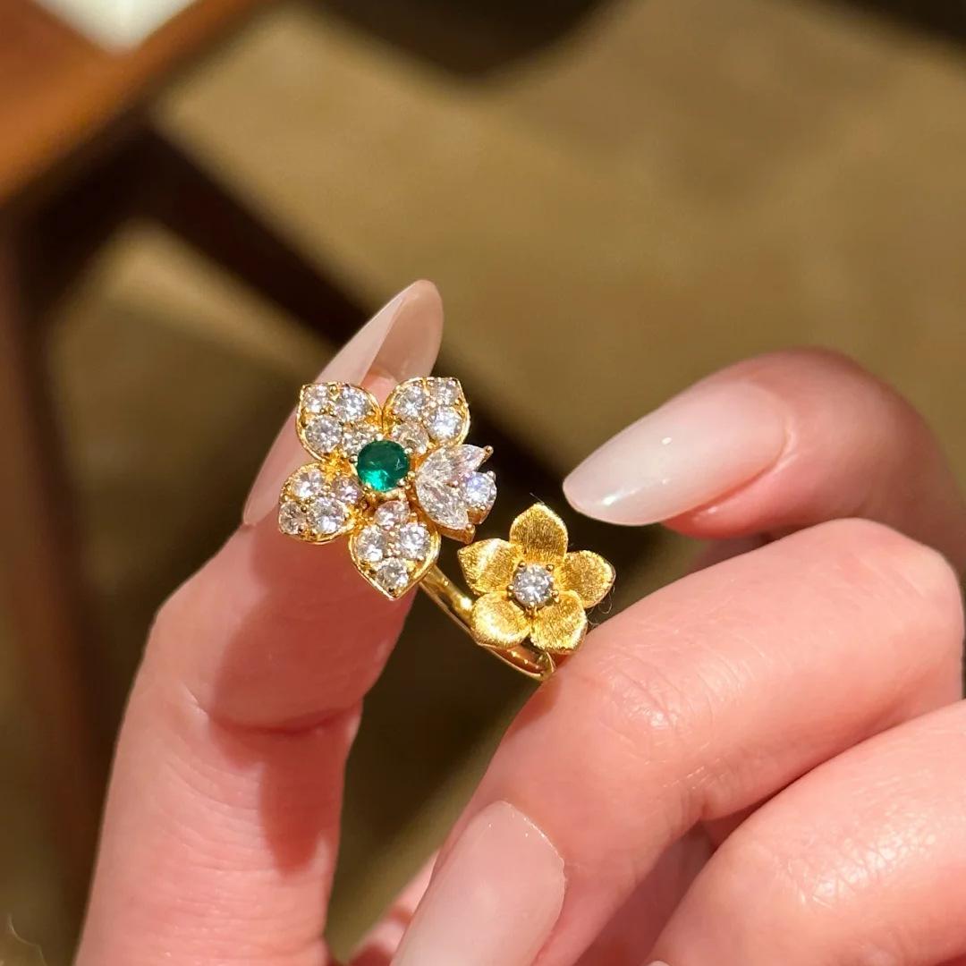 2026 New Chinese Twin Flower Gold Brushed Flower Ring Women s Niche Design Temperament Light Luxury Premium Versatile Ring Resizable