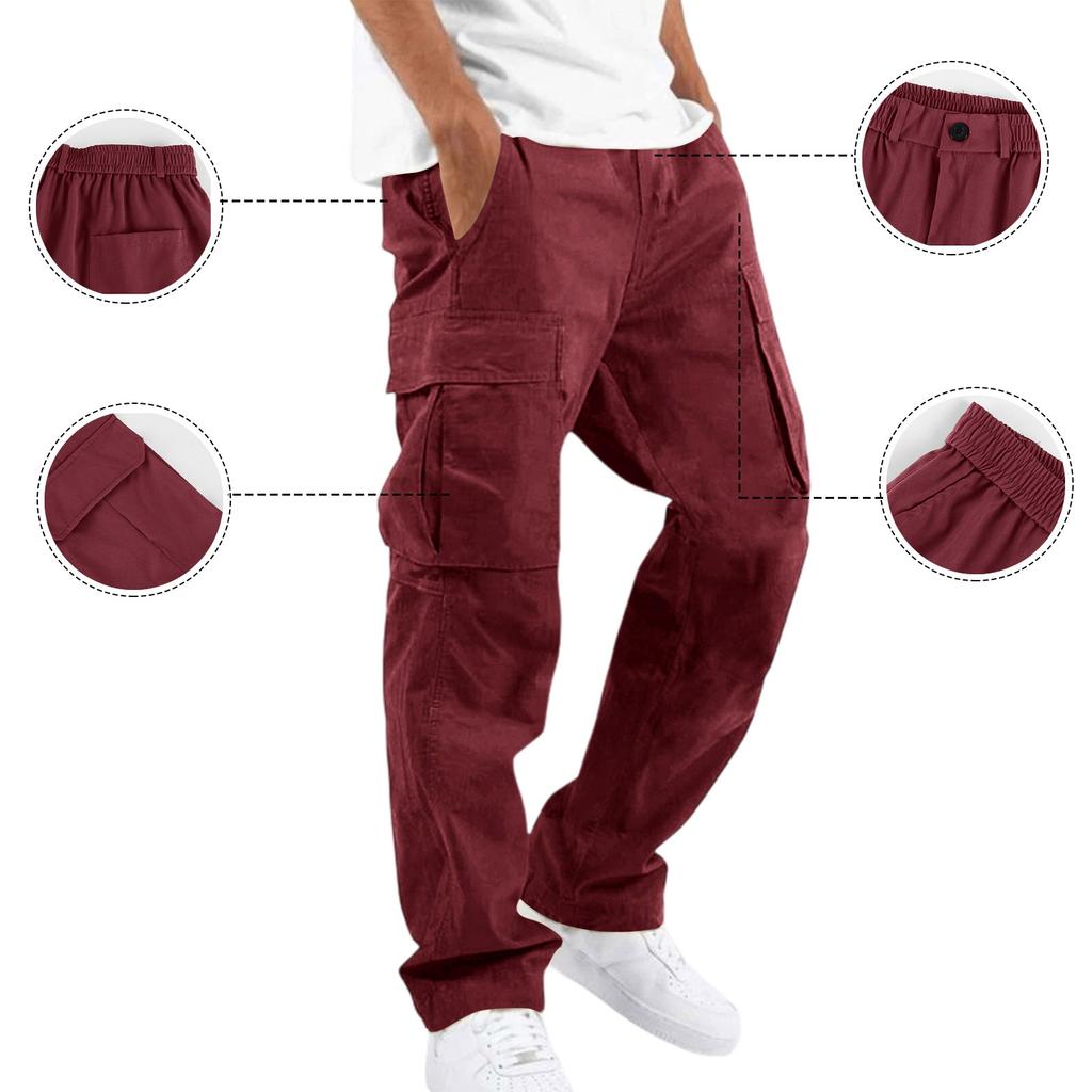 Men's Color Cargo Pants with Elastic Waist Button Closure and 6 Pockets for Work and Casual Wear