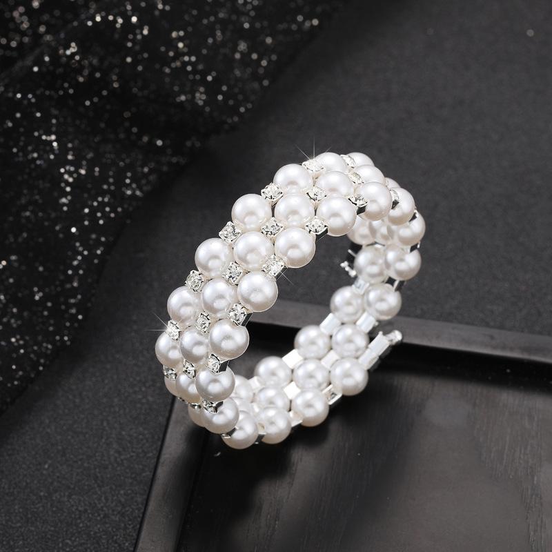 Multi-layer 8mm Pearl Rhinestone Bracelet, Bridal Full Diamond Elastic Bracelet Open Wound Diamond Bracelet