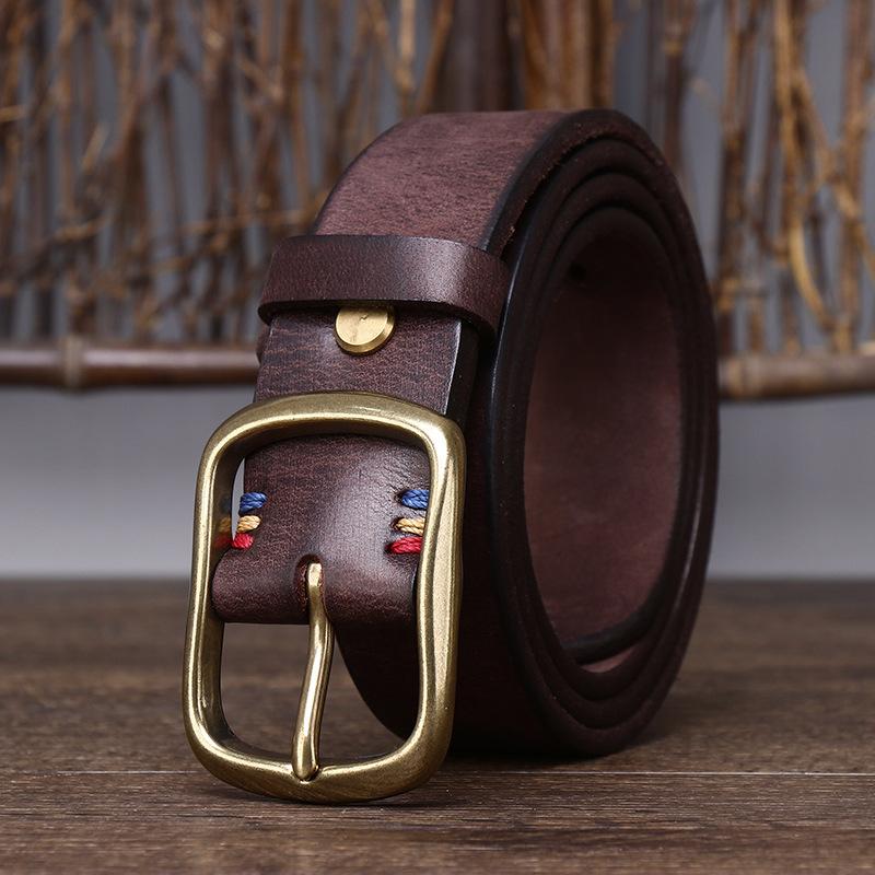 3.8CM Wide Thick Top Layer Pure Cowhide Copper Buckle Genuine Leather Belt for Men's Retro Versatile Jeans Belt