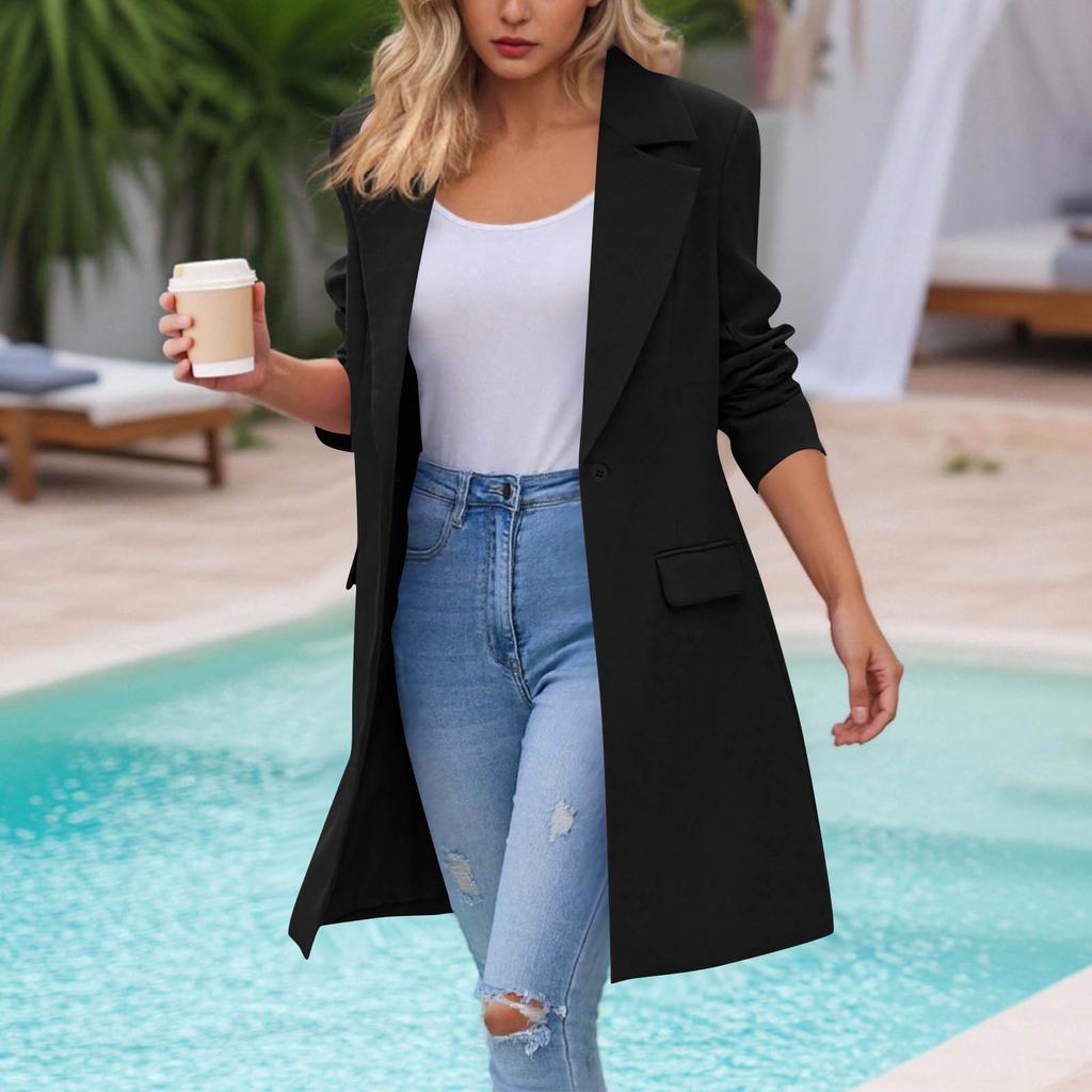 Women's Fashion Casual Long Sleeve Long Suit Jacket With Pockets