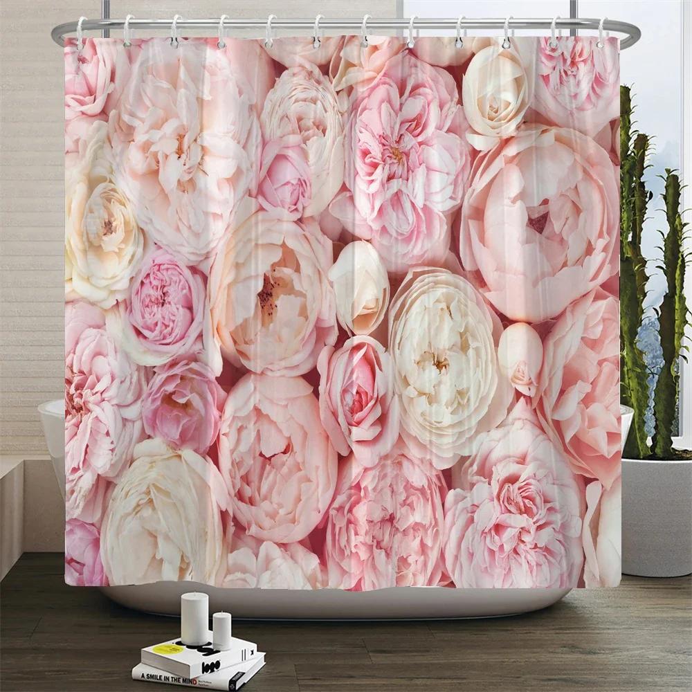 Romantic Rose Garden Print Water-resistant Shower Curtain with Lush Floral Design for Romantic and Serene Bathroom Decor