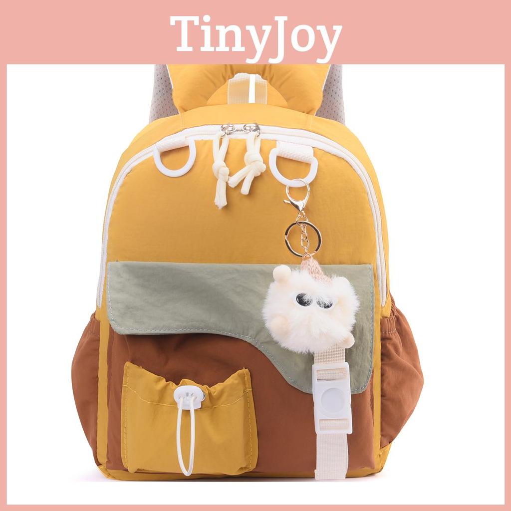 Childrens Blocked Color Backpack With Plush Pendant For School And Outings