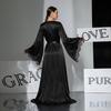 Black & White Satin Morning Robe with Flared Sleeves, Lace Accents, Long Style, Tie Belt, and Train Hem