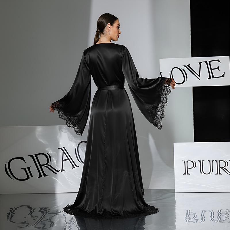 Black & White Satin Morning Robe with Flared Sleeves, Lace Accents, Long Style, Tie Belt, and Train Hem