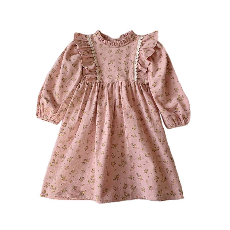 Spring 2026 Korean Style Children's Floral Dress with Stand Collar and Ruffle Lace - Long Sleeve Princess Skirt