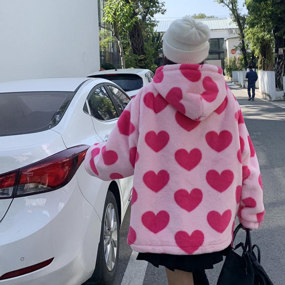 Women Autumn Winter Fleece Hooded Jacket with Drawstring Long Sleeve Pockets Zipper Placket Plush Sweatshirt Coat Heart Bear Pri