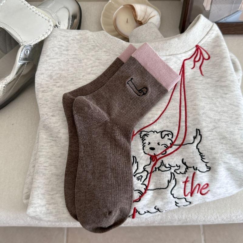Women's New Fall Color Embroidery Cute Cartoon Dachshund Preppy Boneless Tube Pile Socks