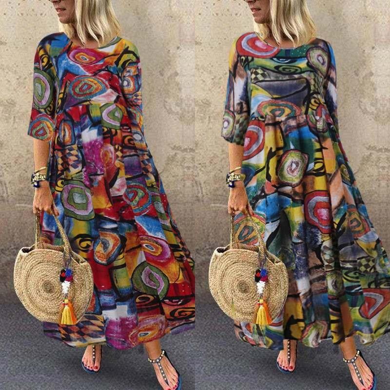 GMXIA Women's Long Retro Bohemian Pleated Sleeve Corset Printed Dress