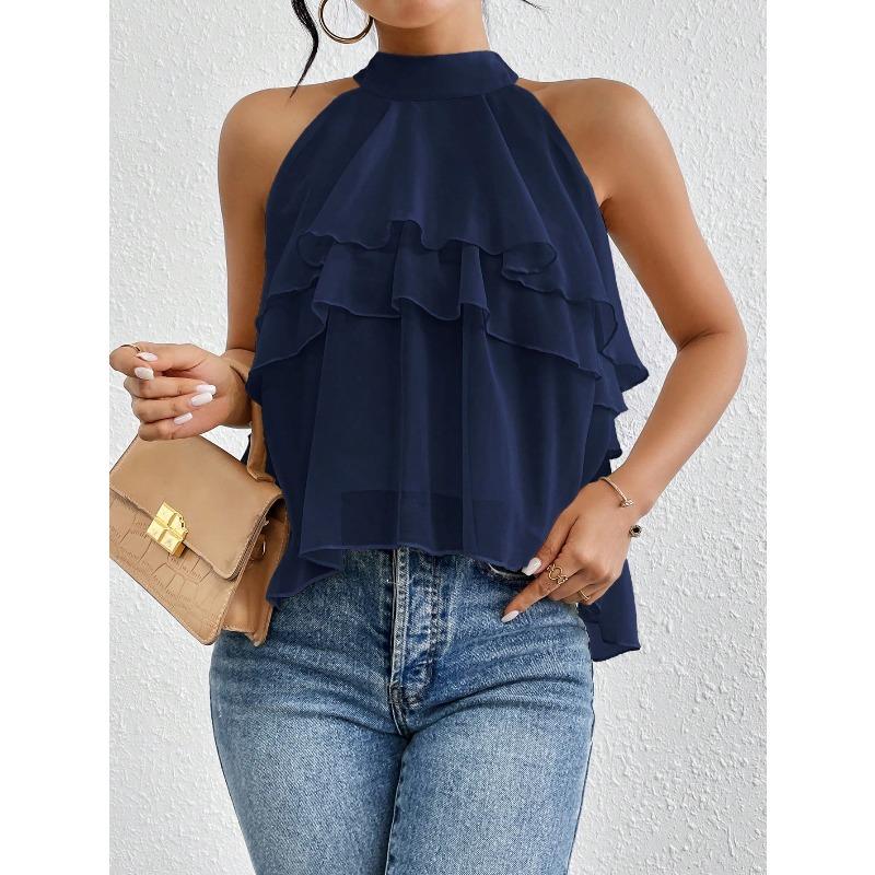 Women's Casual Summer/ Spring Printed Sleeveless Half-neck Blouse Shirt