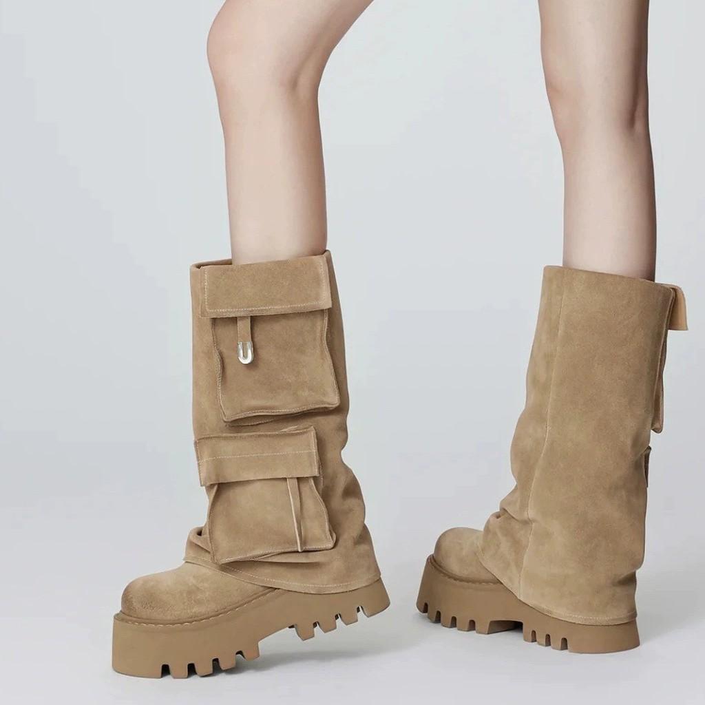2025 autumn and winter new brown fashion boots versatile thick-soled cowhide version retro European and American style pocket trouser tube boots women