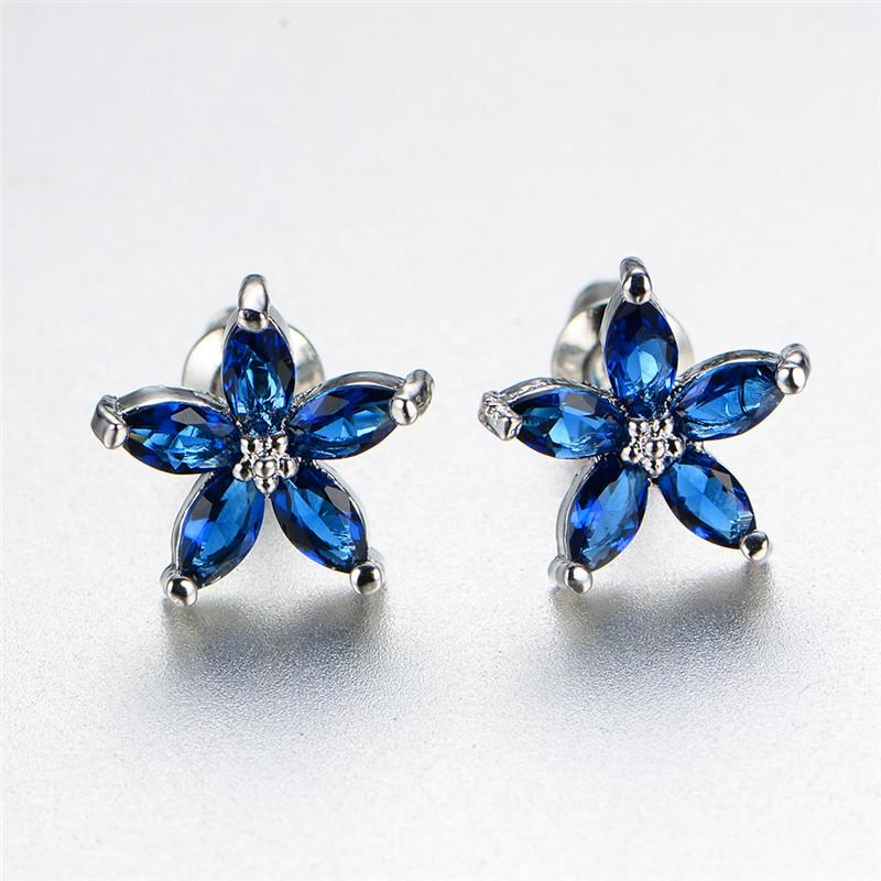 Cute Female Blue Zircon Stars Stud Earrings Multicolor Birthstone Crystal Silver Color Wedding Jewelry For Women