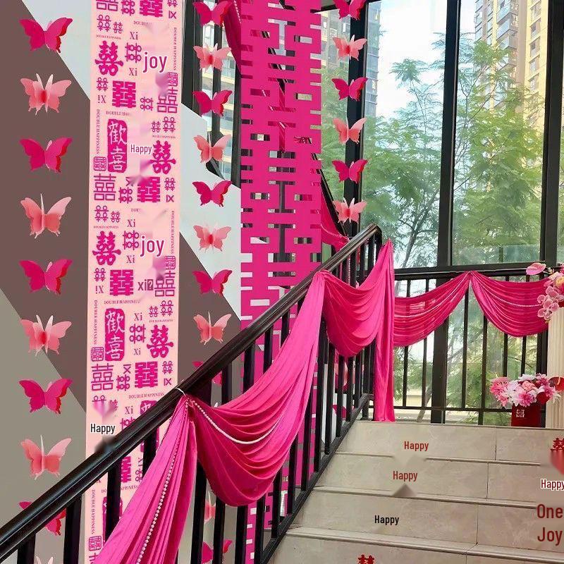 Red Elastic Milk Silk Wedding Decoration Cloth for Stair Railings, Hallway, and Indoor Ceilings