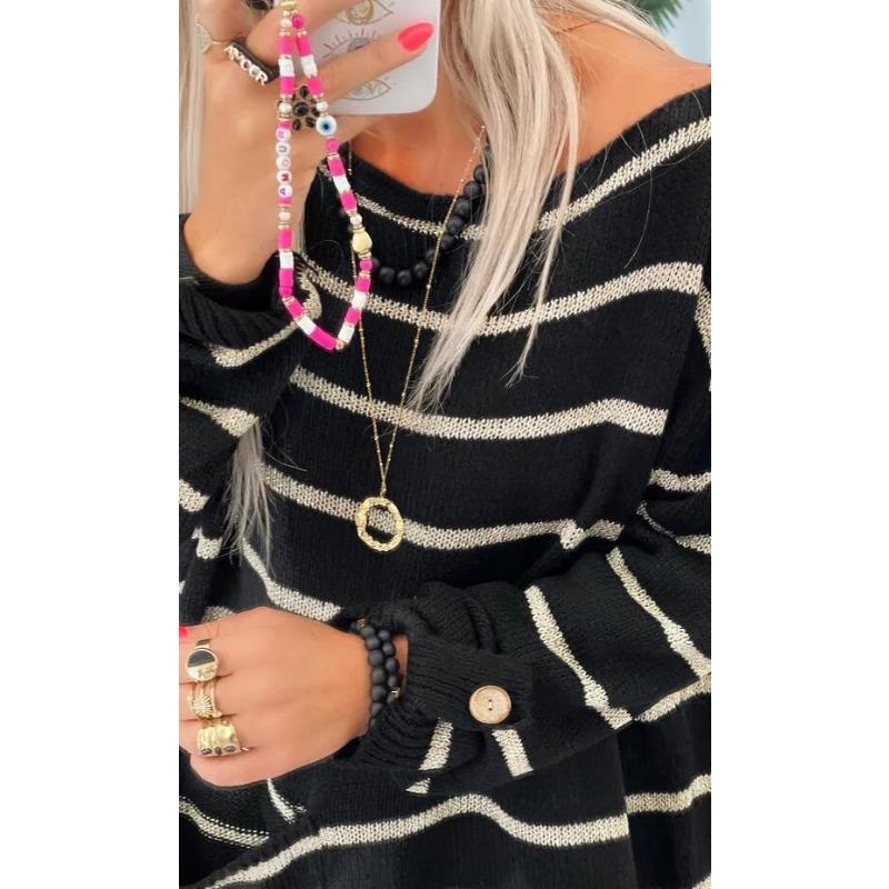 Loose Fit Round Neck Long Sleeve Striped Color Block Pullover Sweater For Women