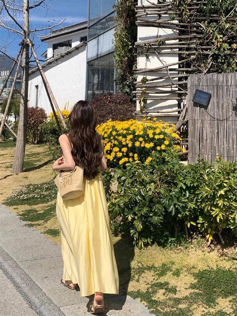 Yellow Spaghetti Strap Women's A-line Beach Dress - Summer Style, Age-Reducing, Loose Fit, Vacation Ready