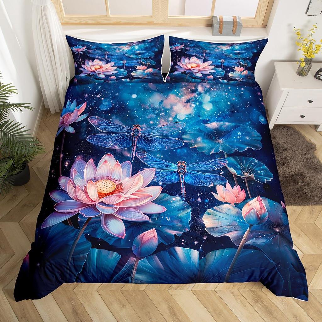 Dragonfly and Lotus Duvet Covers for Kids Teens Lightweight Quilt Covers Blossom Flowers Pond Natural Scenery Animal Bedding Set