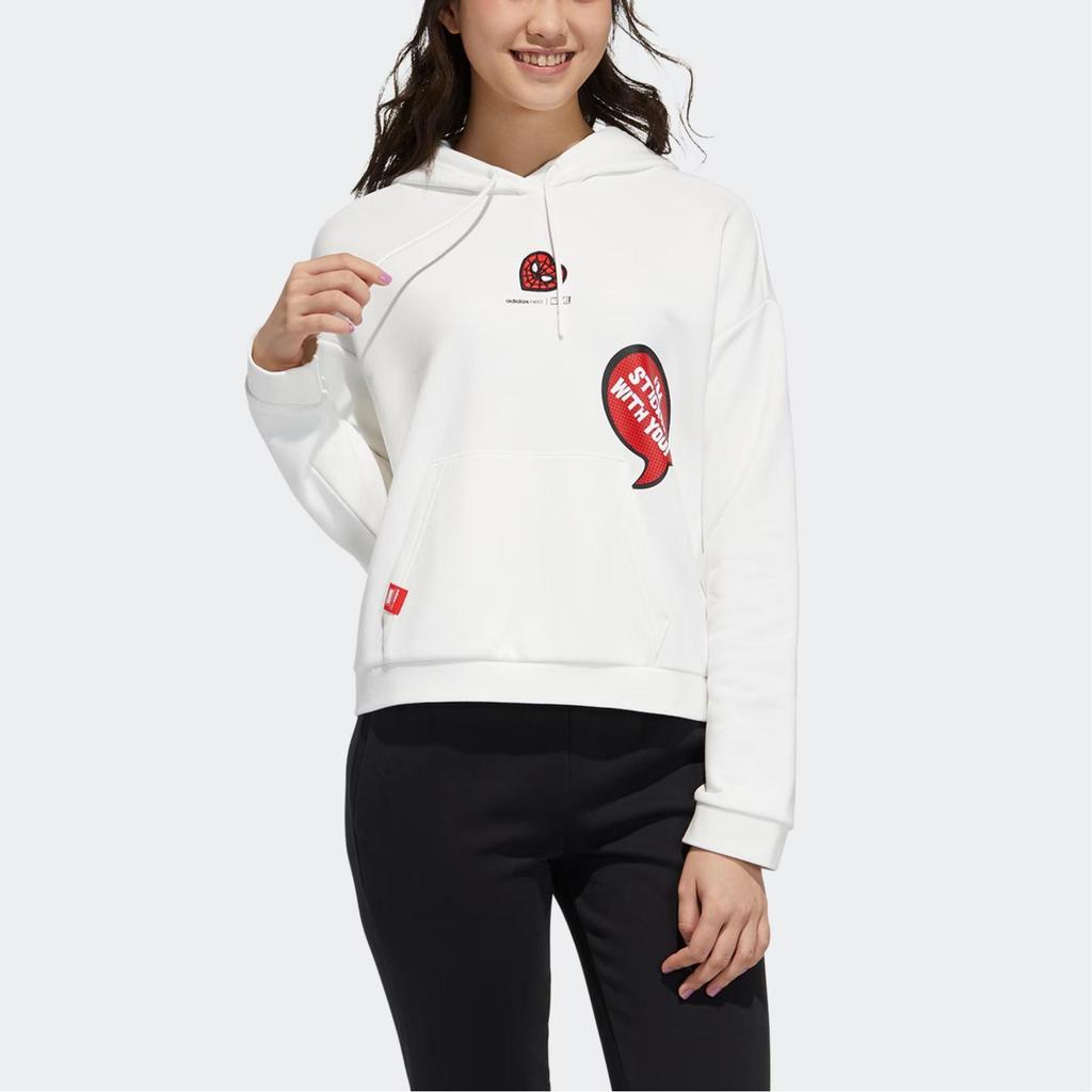 Adidas Neo Marvel Spider-Man Pattern French Terry Hoodie Comfortable Casual Kangaroo Pocket Hooded Sweatshirt Women White H55126