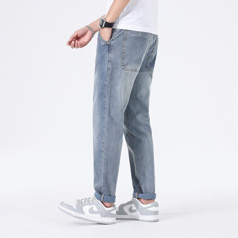 Men s Vintage Casual Denim Pants, Summer Thin Stretch Slim Straight-Leg Trendy Ice Silk Long Pants Blue 36