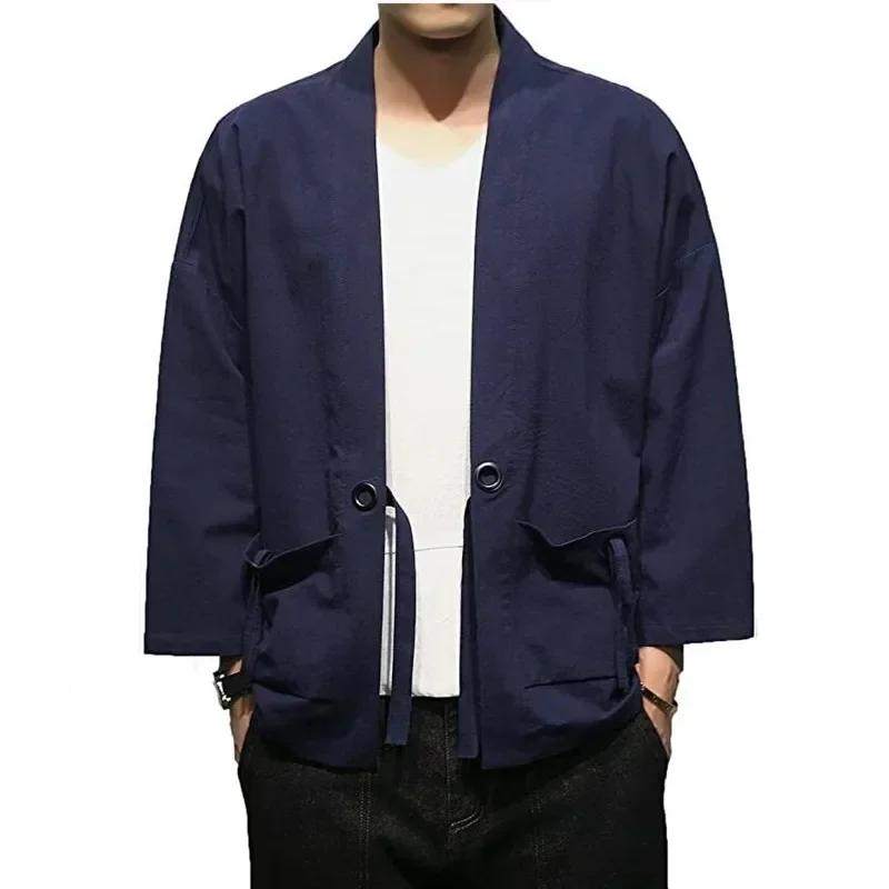 Men Fashion Cotton Blend Linen Cardigan Samurai Embroidered Kimono Jacket