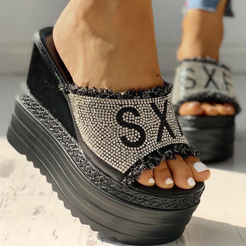 Fashion Crystals Wedges High Heels Slippers Leisure Summer Sandal Woman Shoes Women Platform Mules Slippers Slip On Outside Pantuflas