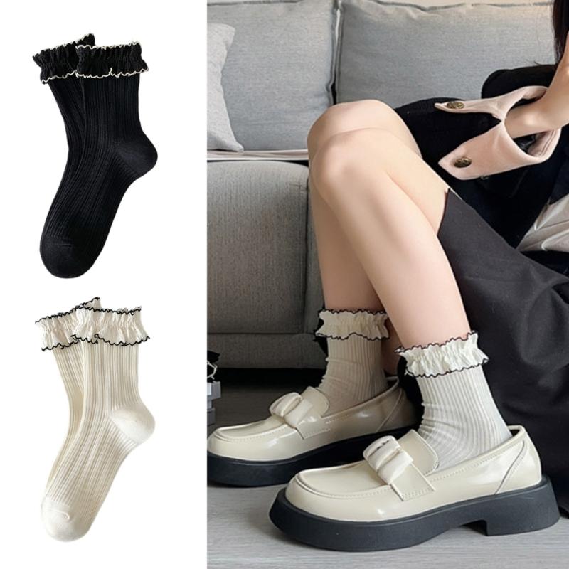 Chaussettes ankle en dentelle douce à volants et revers pour femme Style japonais Fille Dame Princesse Côtelées en coton à volants Mi-hautes