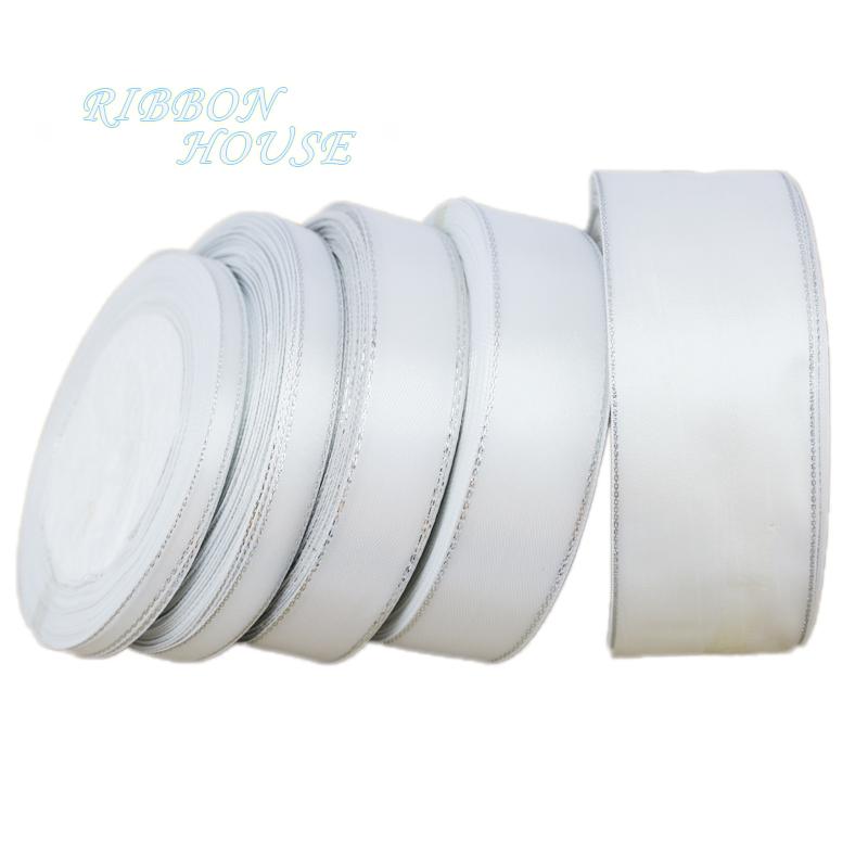 (25 Yards/Rolle) Weißes Silberkanten Satinband Großhandel hohe Qualität Geschenkverpackung Weihnachtsband (6/10/20/25/40mm)