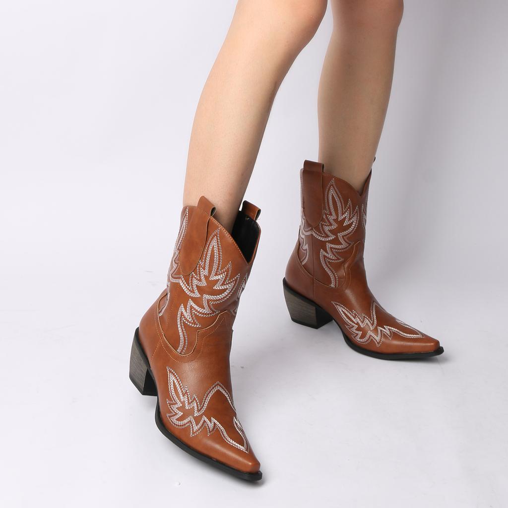FOREADA Women Ankle Cowboy Boots Pointed Toe Chunky High Heels Embroidery Wester Short Boots Ladies Fashion Shoes Winter Red