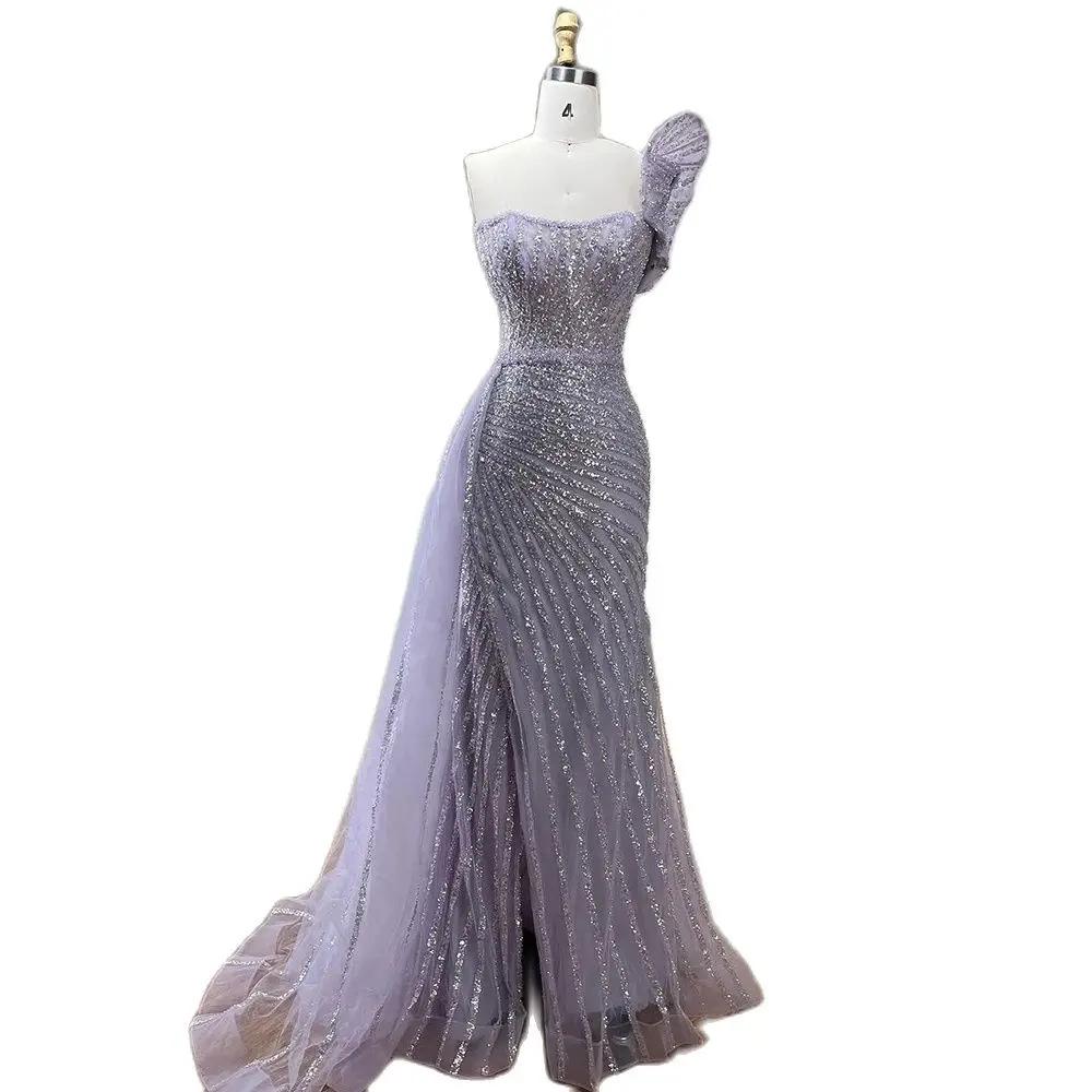 Lilac Purple High-end Handmade Bead Shoulder Sleeveless Fishtail Host Solo Banquet Dress LA11111