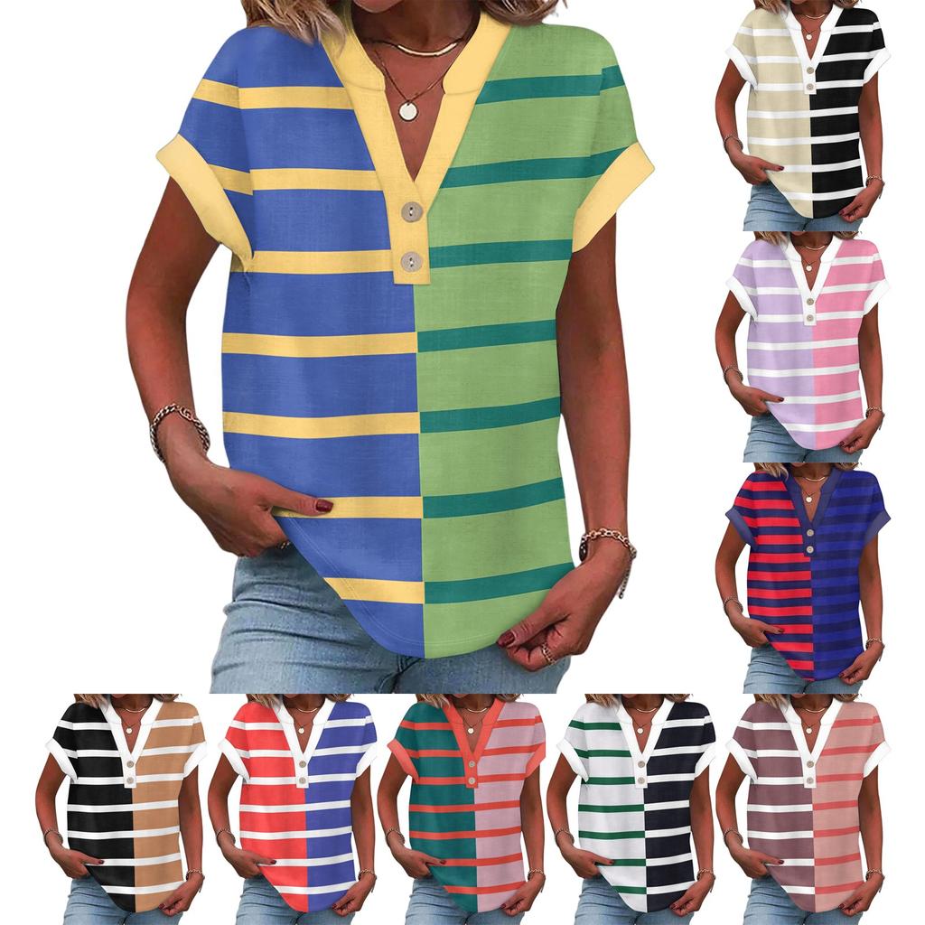 Women's Casual Fashion V-Neck Button Down Stripe Printed Short Sleeve Top
