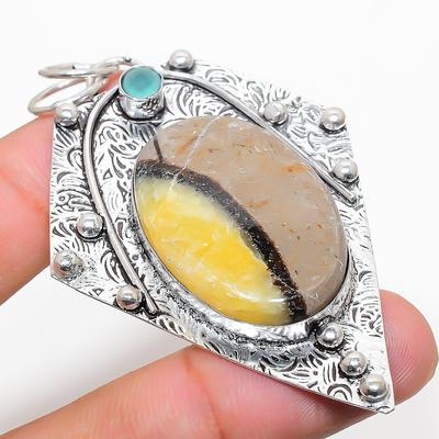 Natural Septerian Stone, Chalcedony 925 Sterling Silver Pendant 2.88" E3q72