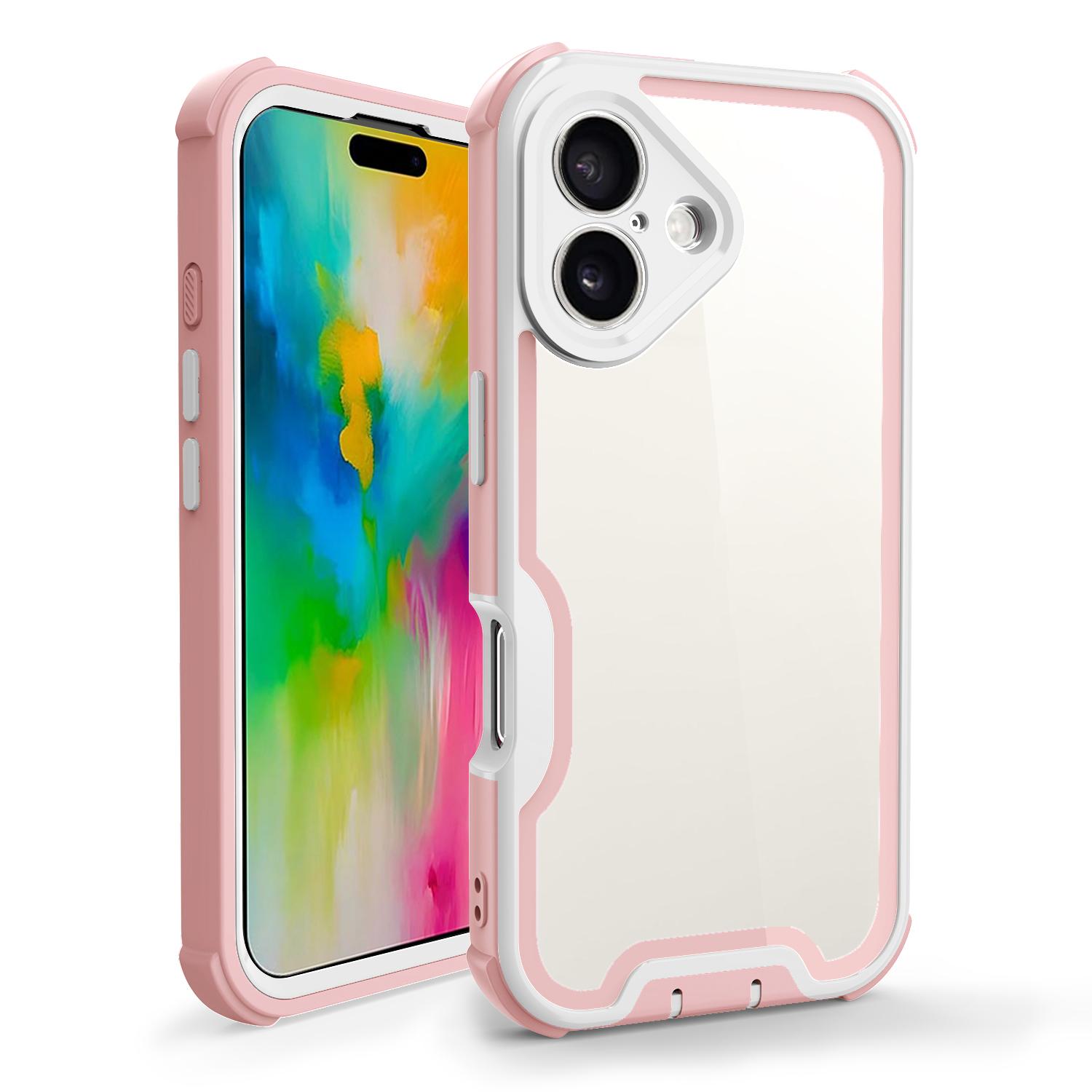 

For iPhone 16 Case Detachable 4 in 1 TPU+Acrylic+PC Shockproof Phone Cover Rose Gold+White