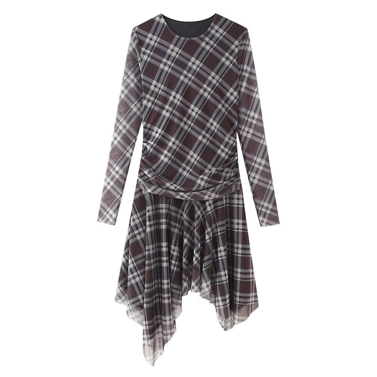 

2025 Клетчатое Асимметричное Плиссированное Платье: Приталенный крой, круглый вырез, коллекция весна/лето для женщин S фиолетовый