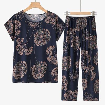 Omas Sommer Baumwoll-Seiden Freizeit-Pyjama-Set: Bedrucktes lockeres T-Shirt & Hose